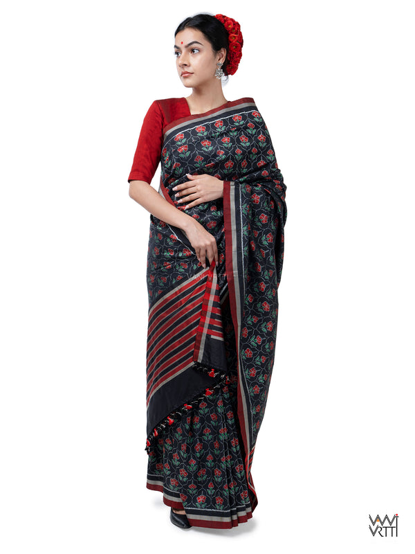 Black Laal Jaba Mulberry Silk Ikat Sari