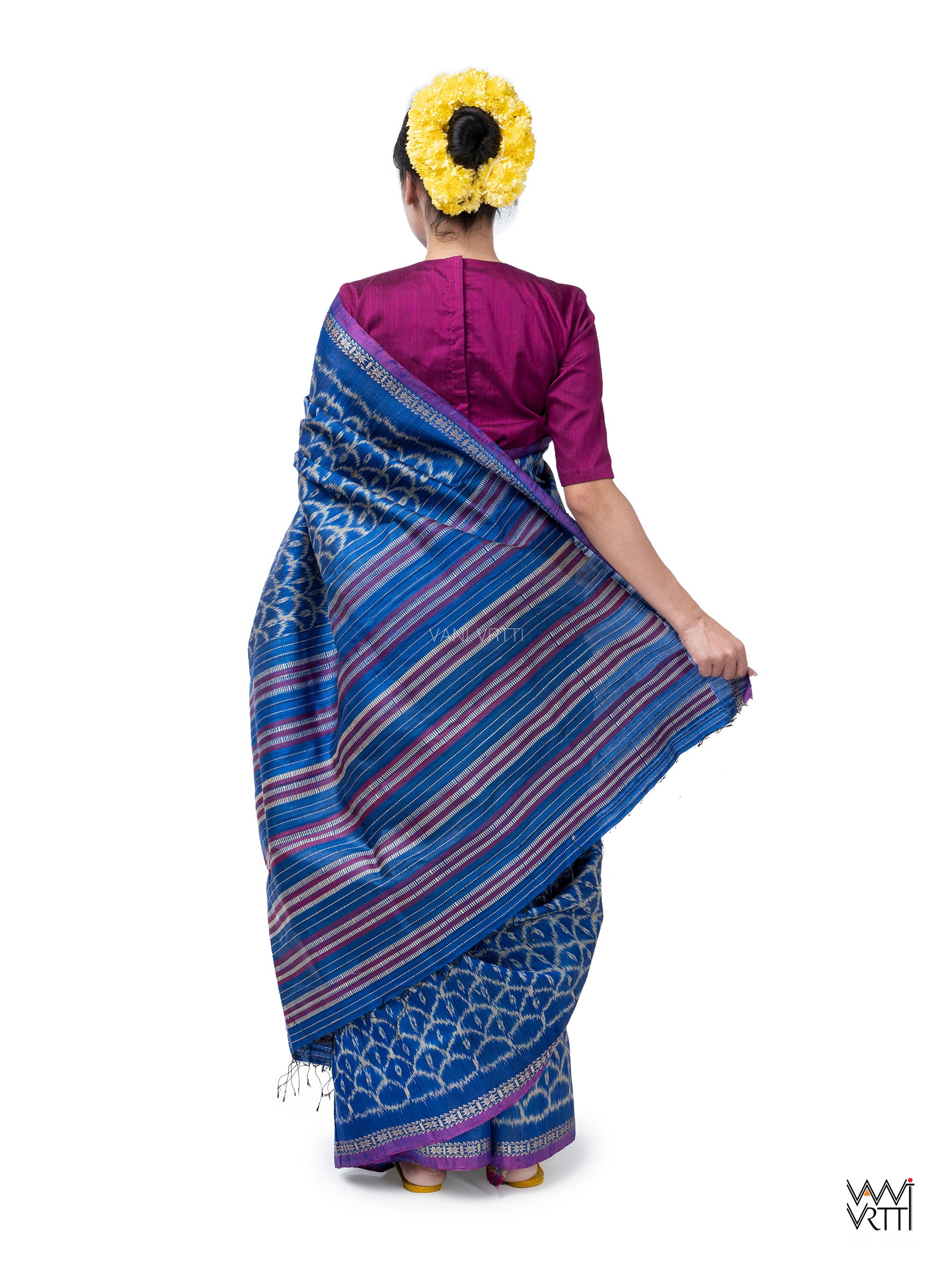 Royal Blue Samudra Lahar Ikat Handspun Tussar Silk Saree