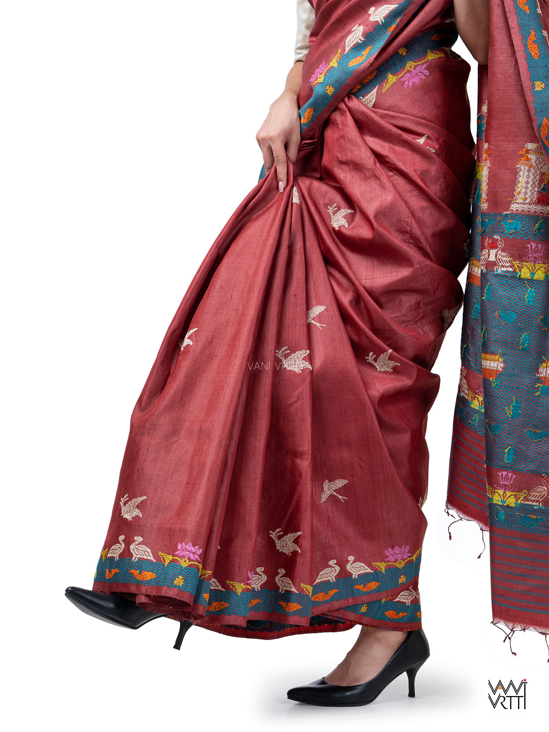 Ruby Red Chilika Master Weave Exclusive Handspun Tussar Silk Saree