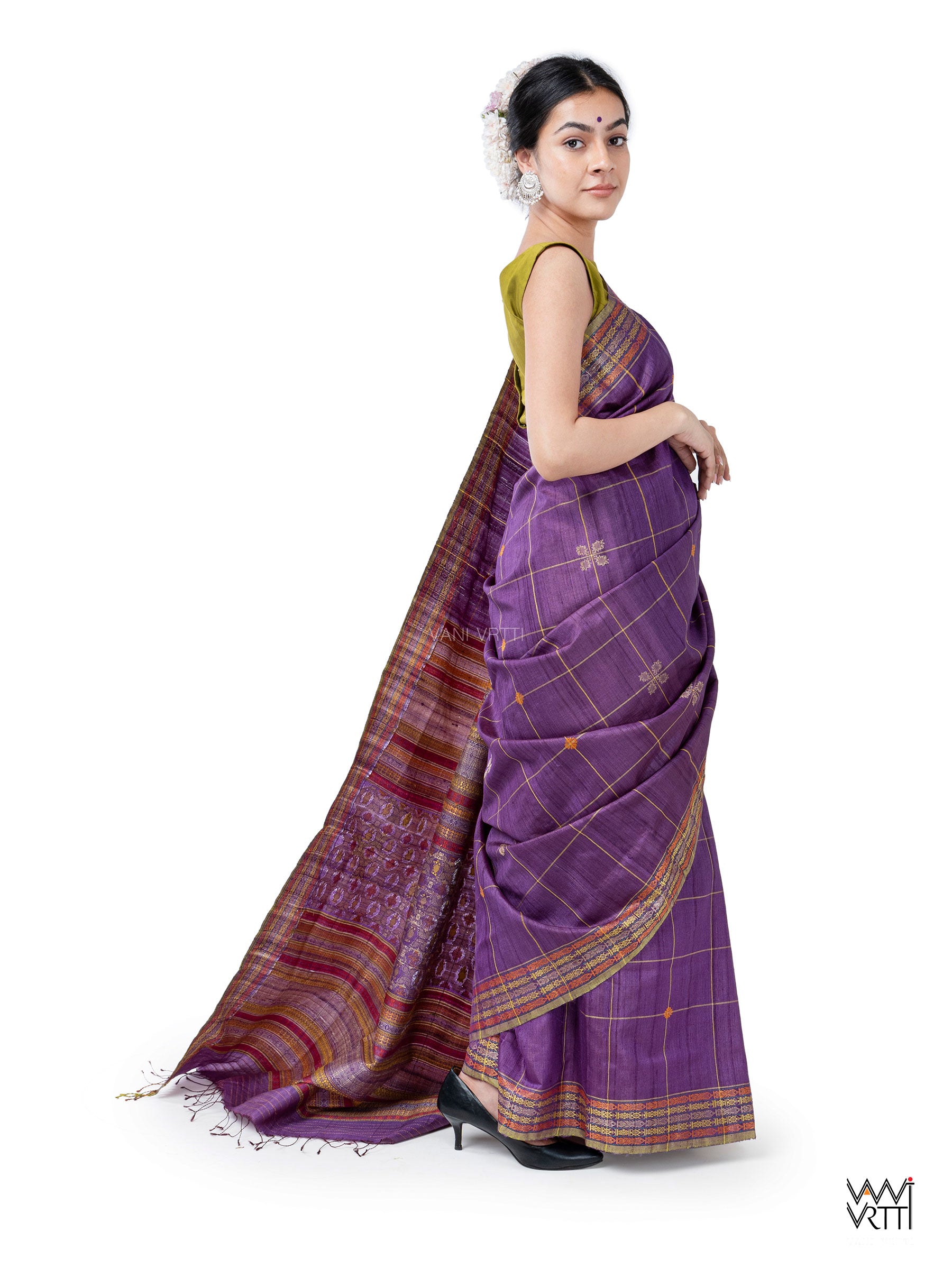 Deep Purple Matsya Kachhap Checks Handspun Tussar Silk Saree