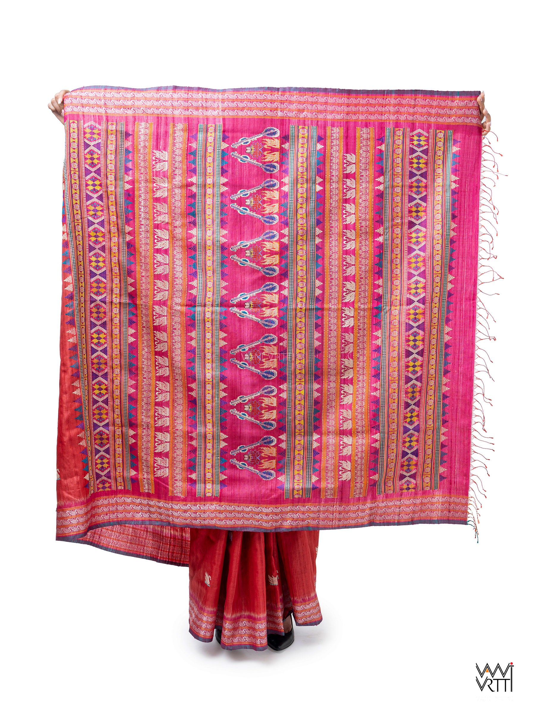 Tomato Red Magenta Veena Pani Lata Master Weave Exclusive Handspun Tussar Silk Saree