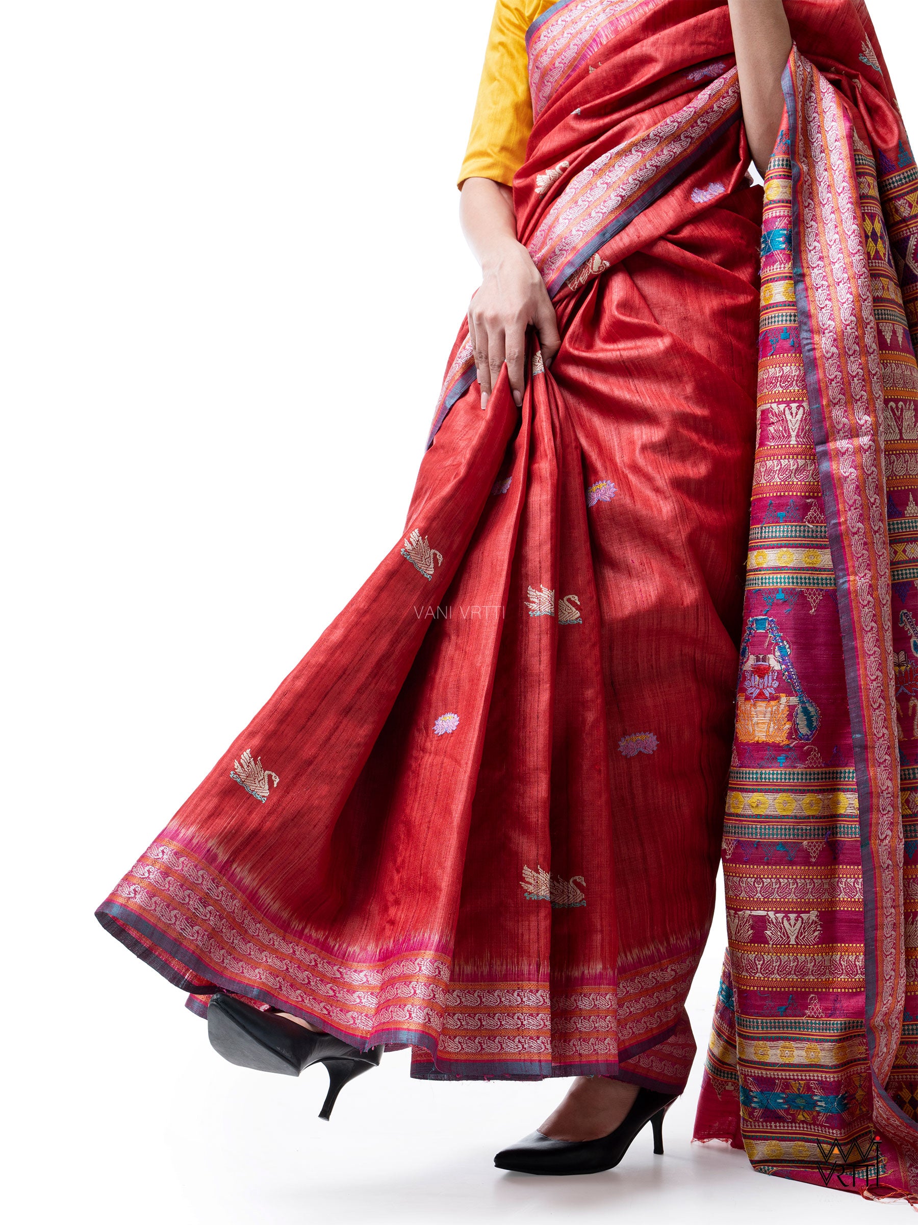 Tomato Red Magenta Veena Pani Lata Master Weave Exclusive Handspun Tussar Silk Saree