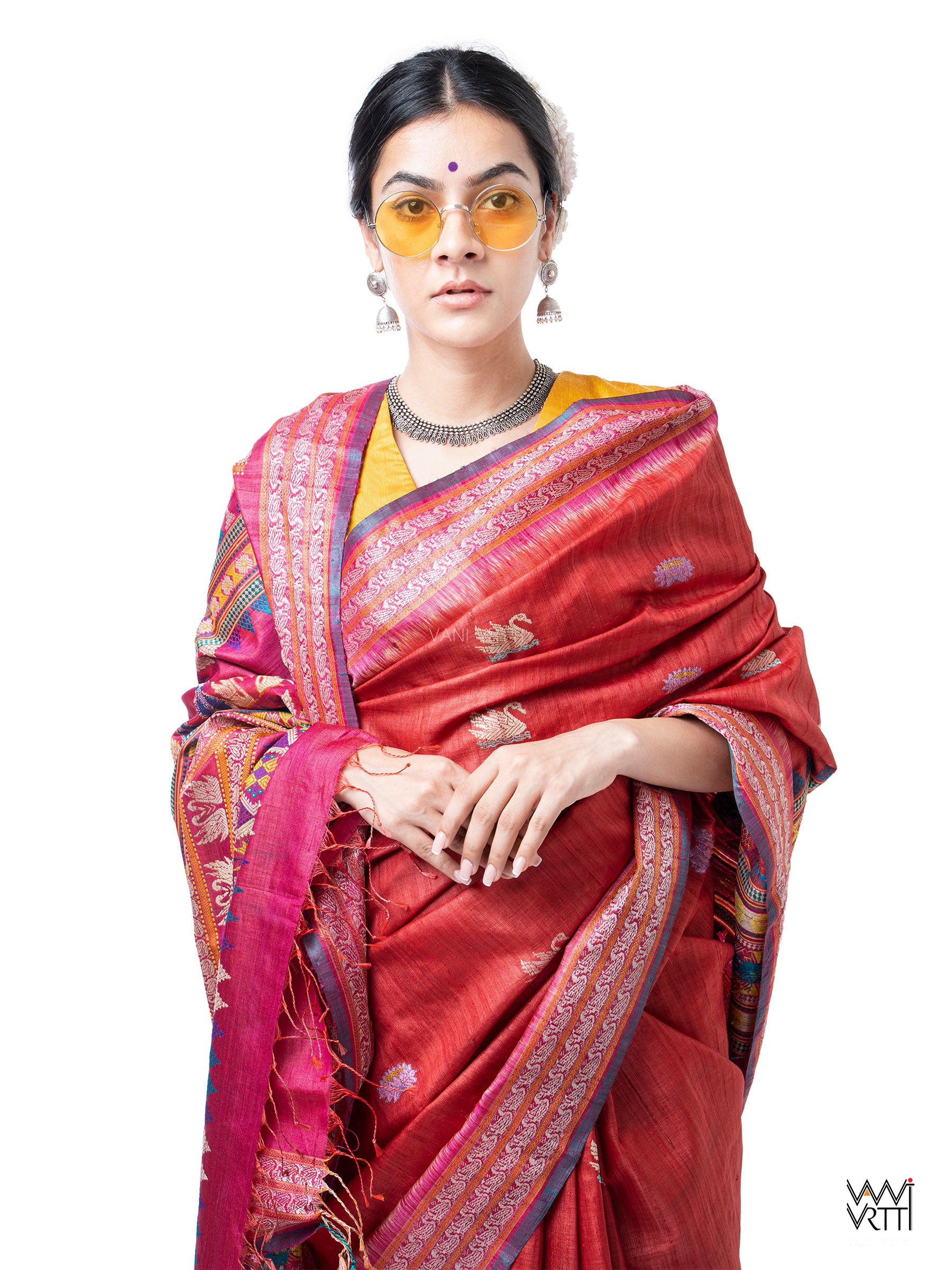 Tomato Red Magenta Veena Pani Lata Master Weave Exclusive Handspun Tussar Silk Saree