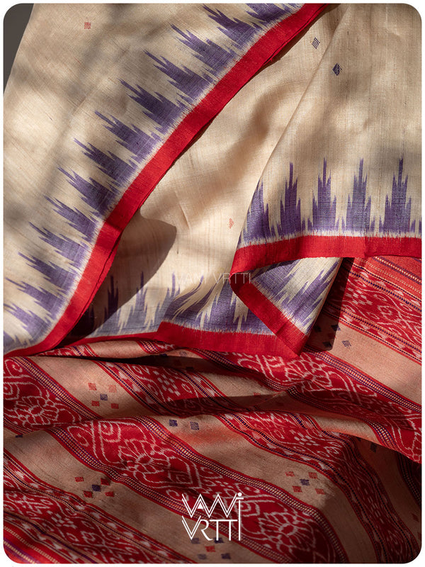 Off White Purple Red Nadi Handspun Tussar Silk Saree