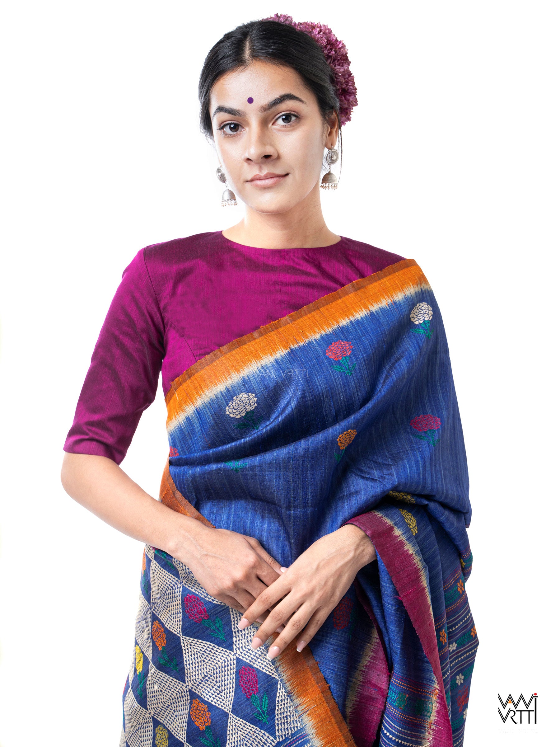 Deep Royal Blue Magenta Marigold Wild Garden Master Weave Exclusive Handspun Tussar Silk Saree