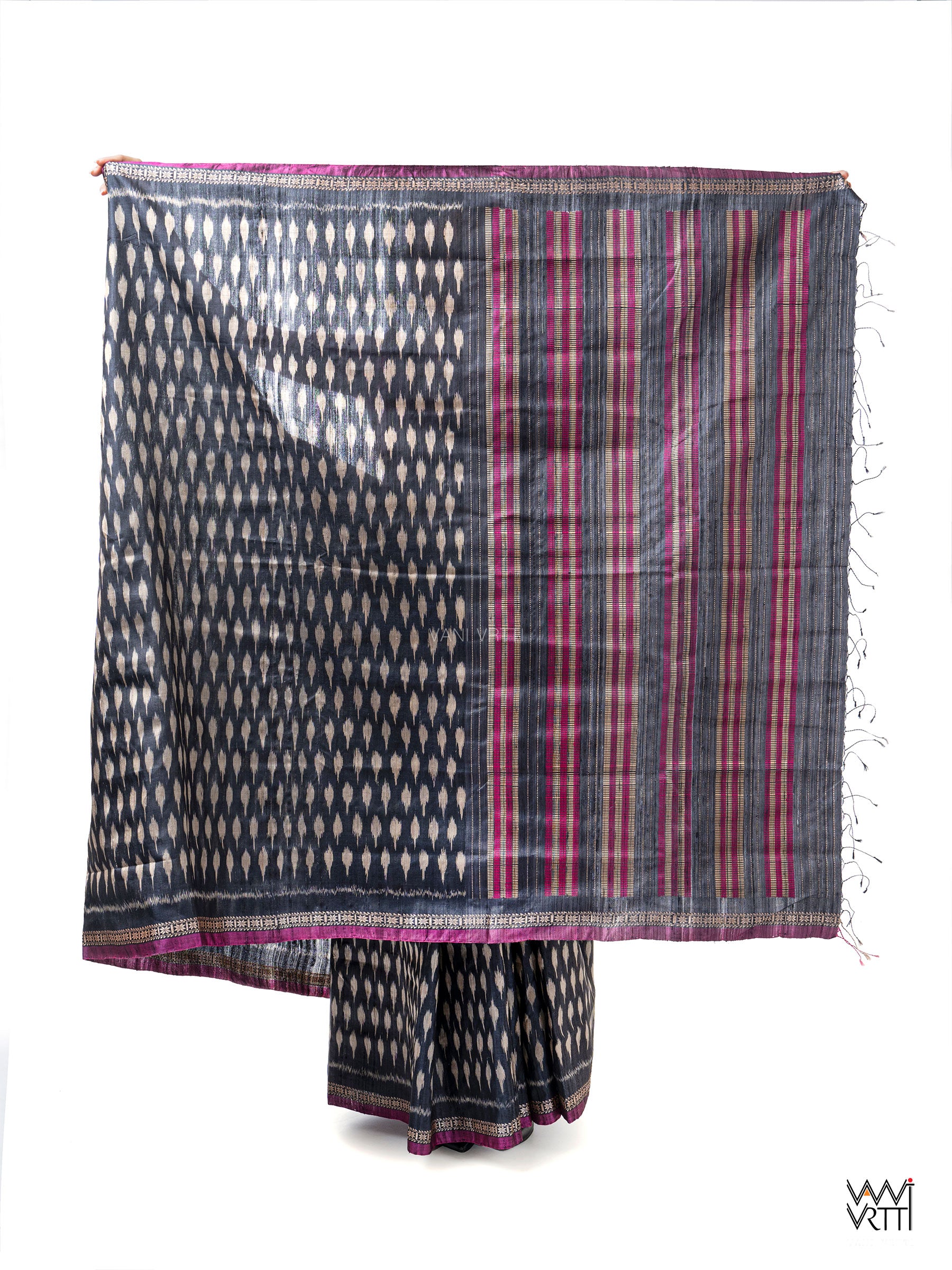 Slate Black Kadamba Ikat Handspun Tussar Silk Saree