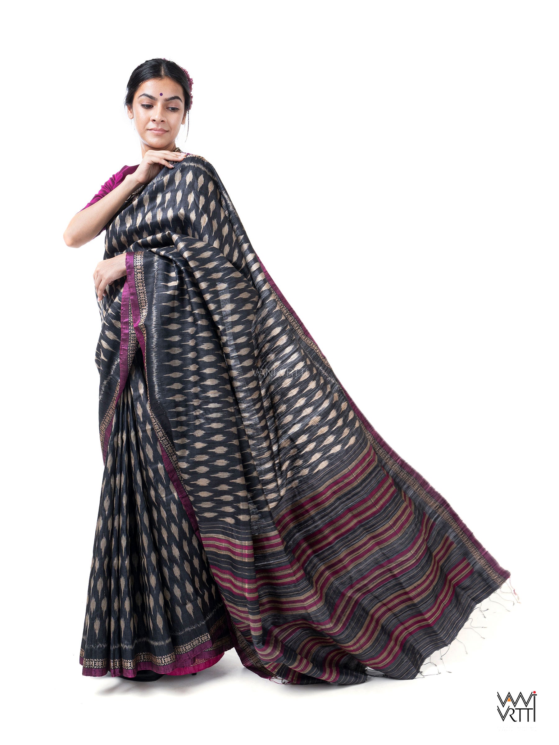 Slate Black Kadamba Ikat Handspun Tussar Silk Saree