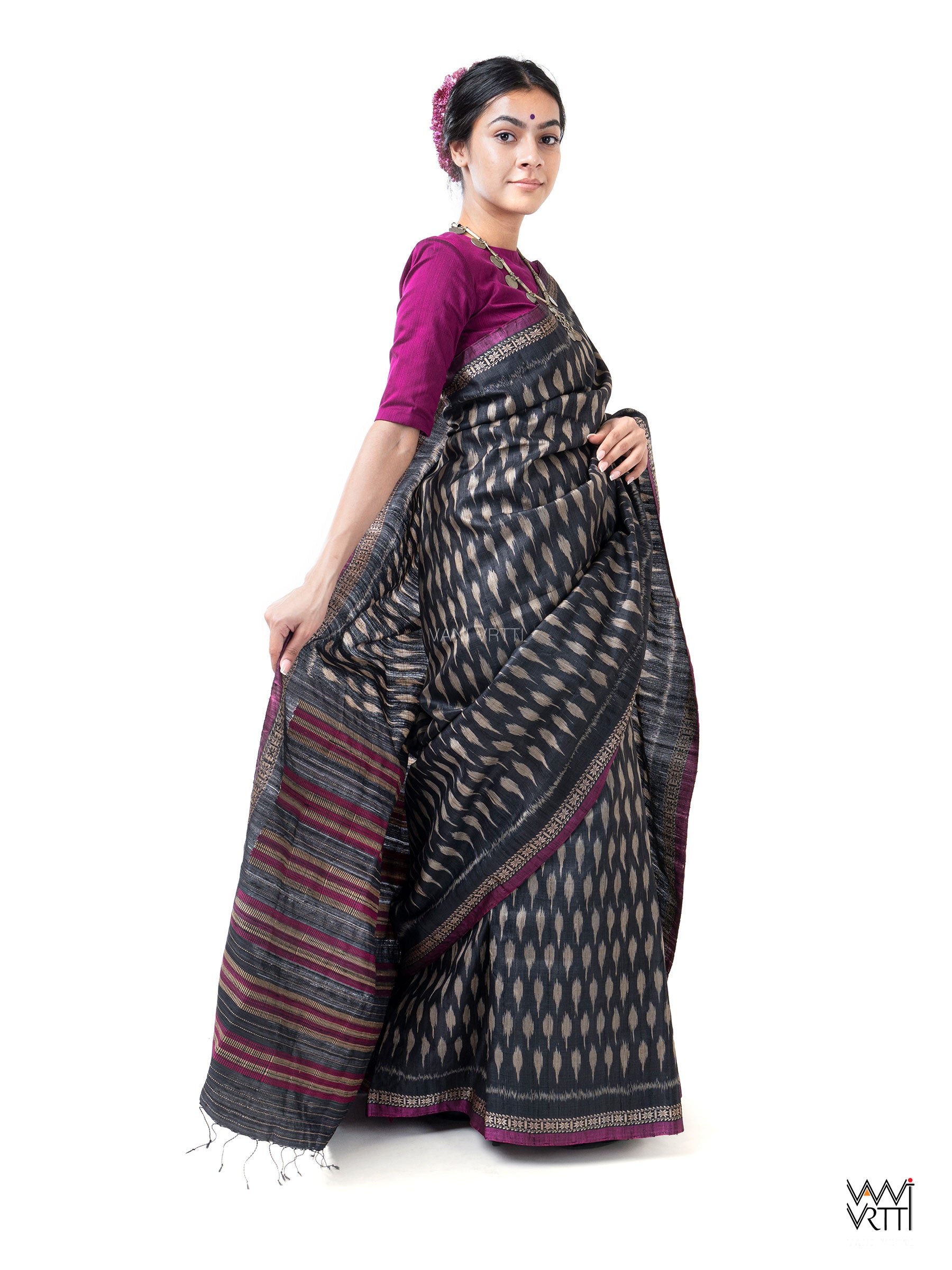 Slate Black Kadamba Ikat Handspun Tussar Silk Saree