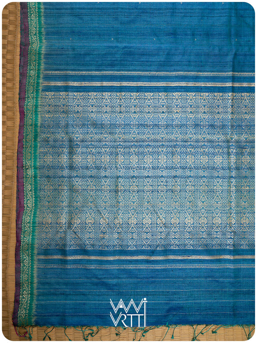 Peacock Blue Madhumalati Handspun Tussar Silk Saree