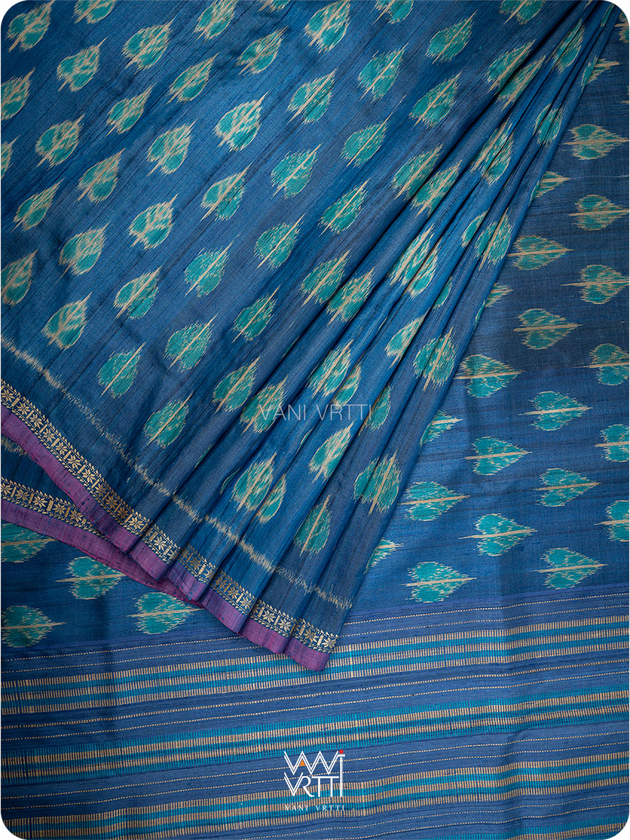 Royal Blue Peepal Ikat Handspun Tussar Silk Saree