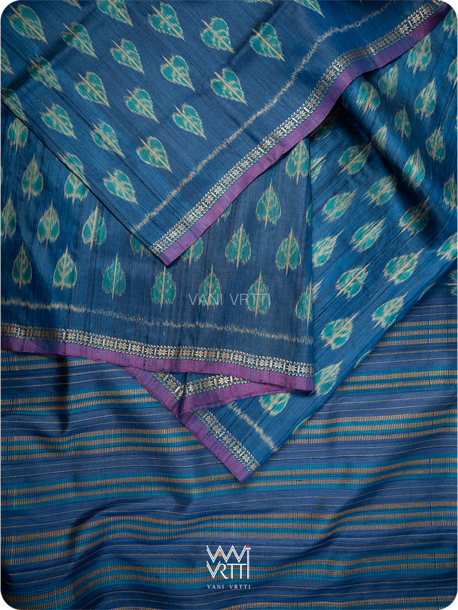 Royal Blue Peepal Ikat Handspun Tussar Silk Saree