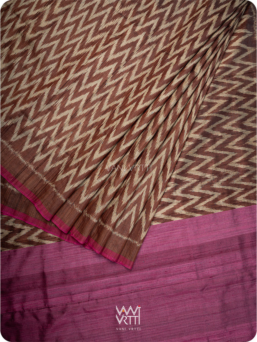 Brown Magenta Aziz Ikat Handspun Tussar Silk Saree
