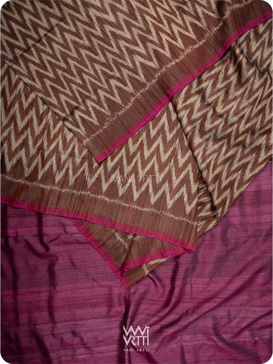 Brown Magenta Aziz Ikat Handspun Tussar Silk Saree