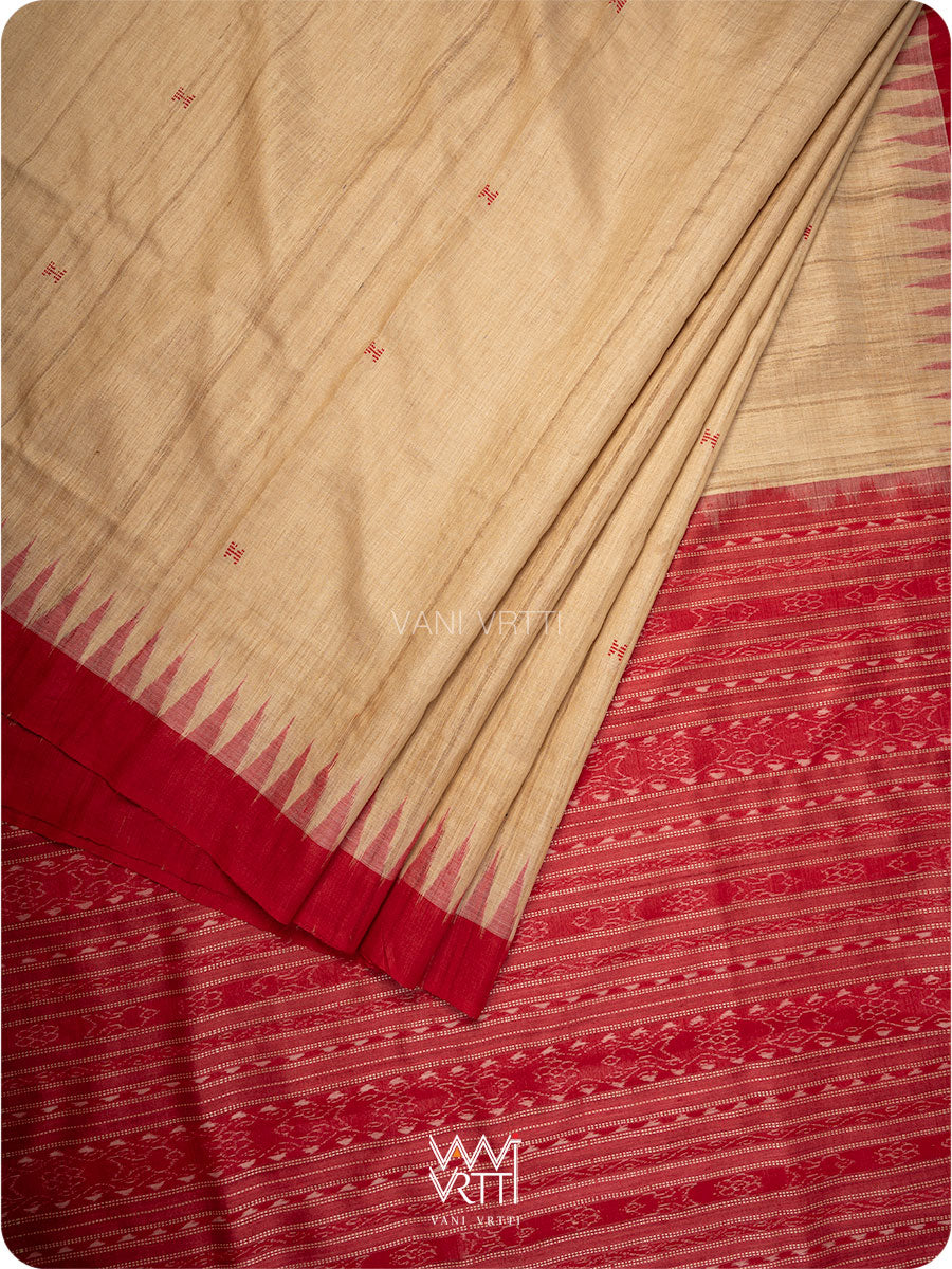 Off White Red Ikat Traditional Gopalpur Handspun Tussar Silk Saree