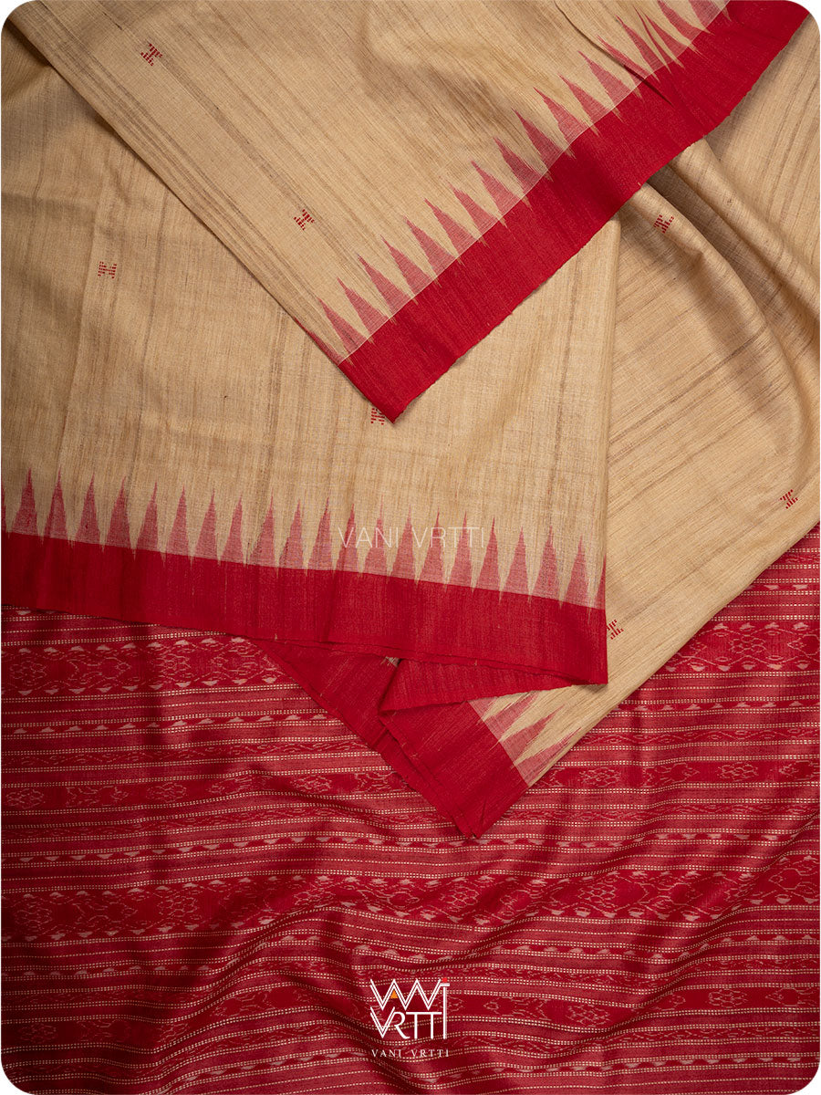 Off White Red Ikat Traditional Gopalpur Handspun Tussar Silk Saree