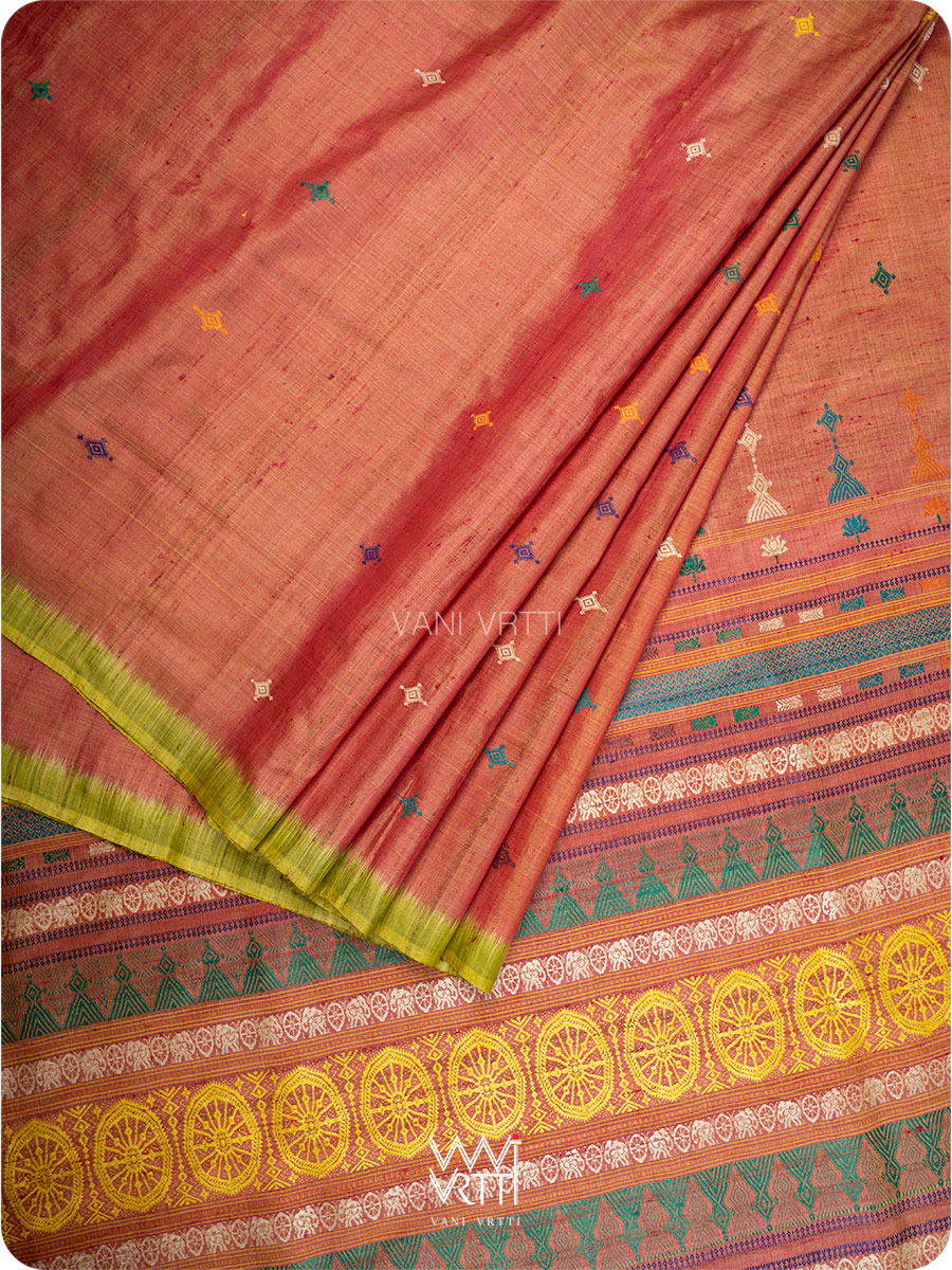 Peach Leaf Green Airavata Konark Handspun Tussar Silk Saree