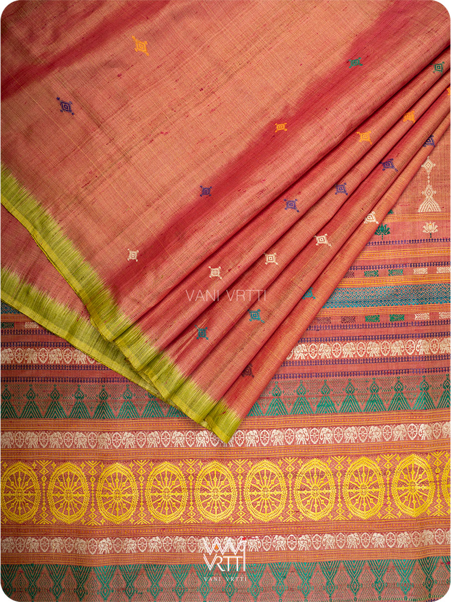 Peach Leaf Green Airavata Konark Handspun Tussar Silk Saree