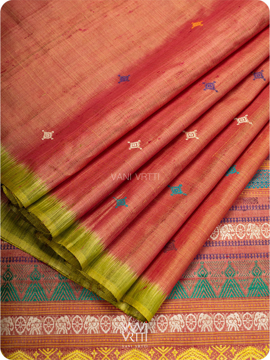 Peach Leaf Green Airavata Konark Handspun Tussar Silk Saree