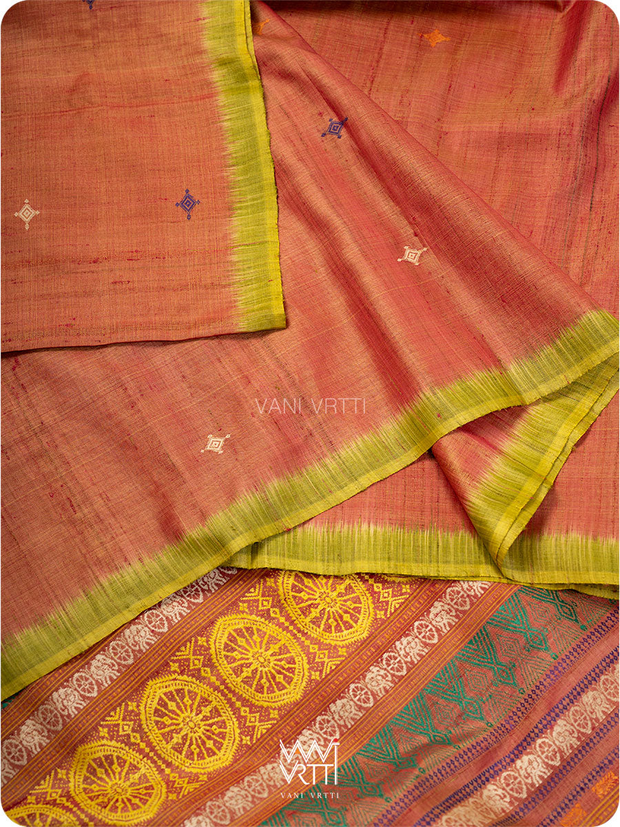 Peach Leaf Green Airavata Konark Handspun Tussar Silk Saree