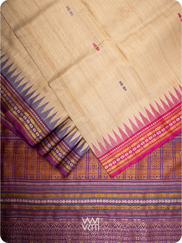 Off White Pink Purple Ganga Jamuna Ananta Handspun Tussar Silk Saree