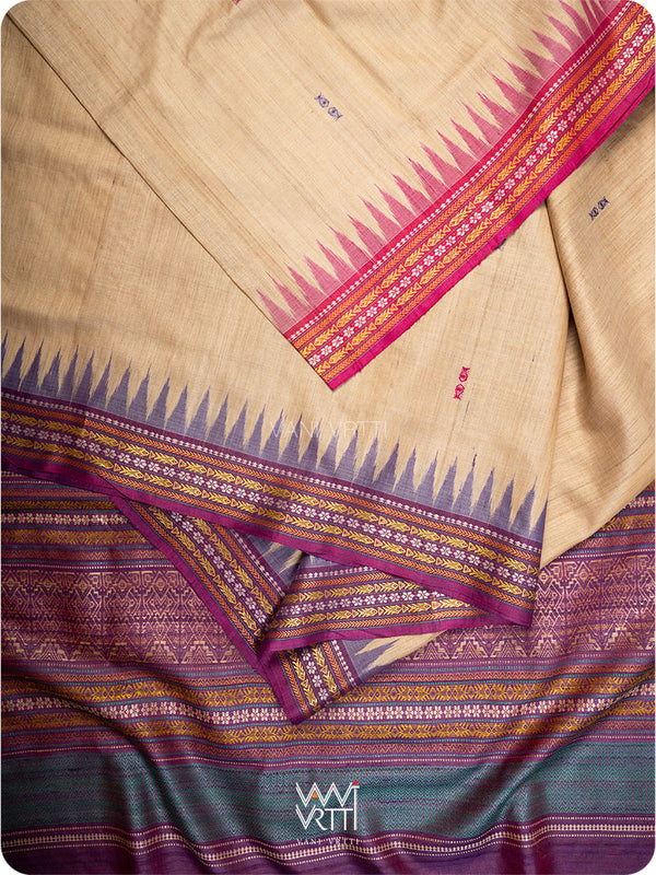 Off White Pink Purple Ganga Jamuna Ananta Handspun Tussar Silk Saree