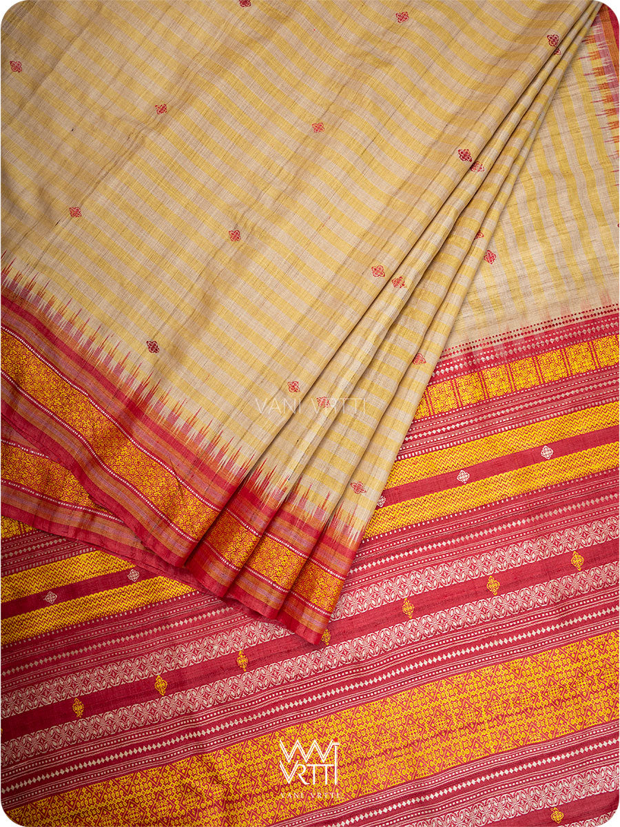 Offwhite stripes Kollam Red Exclusive Handspun Tussar Silk Saree