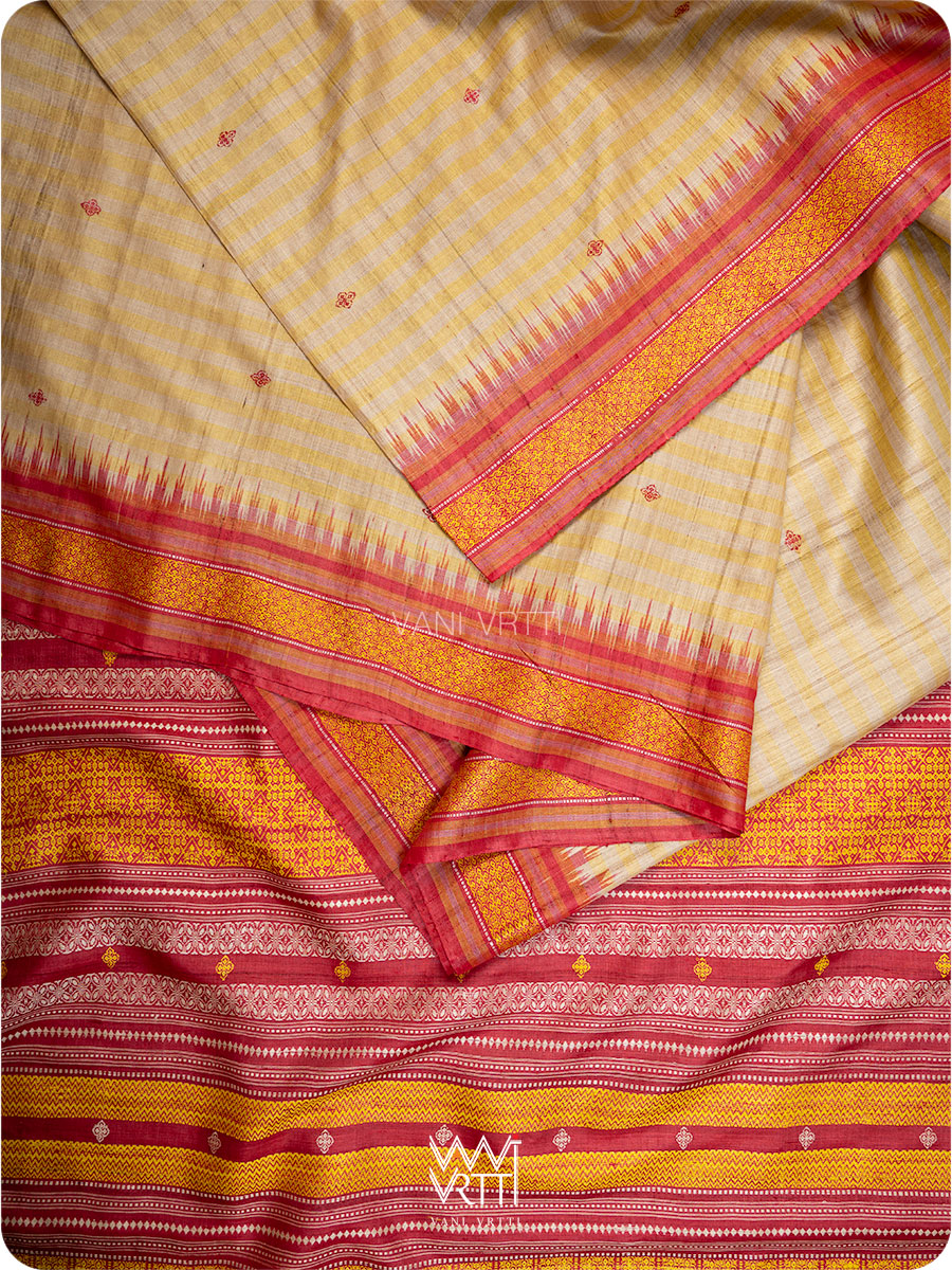 Offwhite stripes Kollam Red Exclusive Handspun Tussar Silk Saree