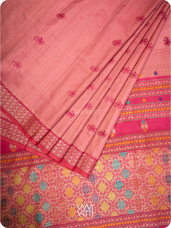 Old Rose Pink Nightingale Master Weave Exclusive Handspun Tussar Silk Saree