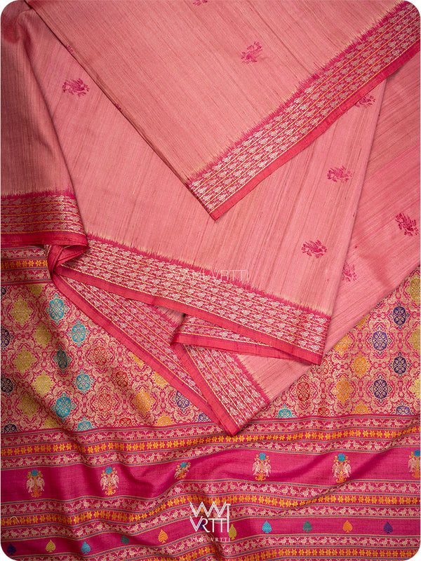 Old Rose Pink Nightingale Master Weave Exclusive Handspun Tussar Silk Saree