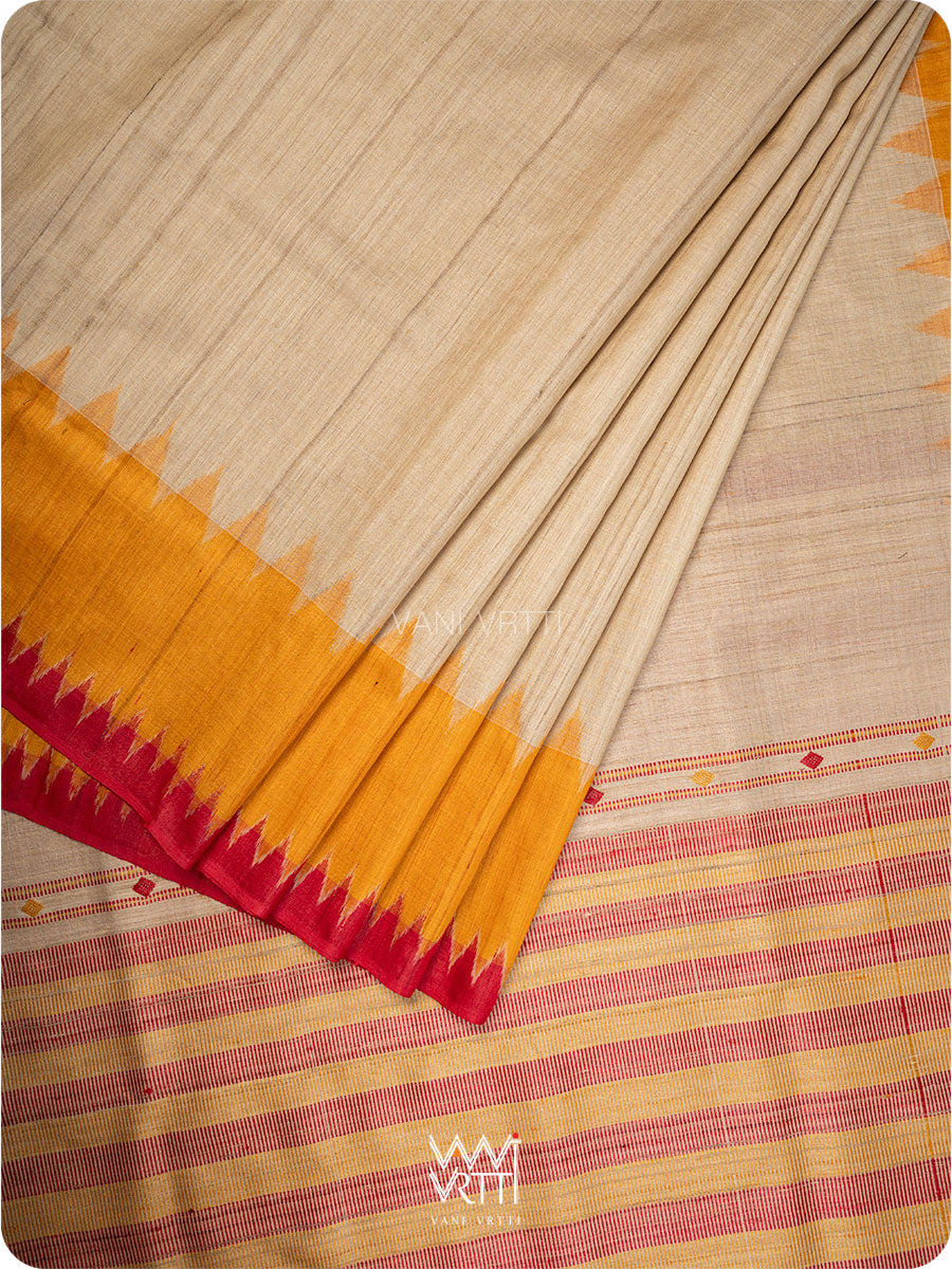Off White Red Orange Sangam Bristi Handspun Tussar Silk Saree