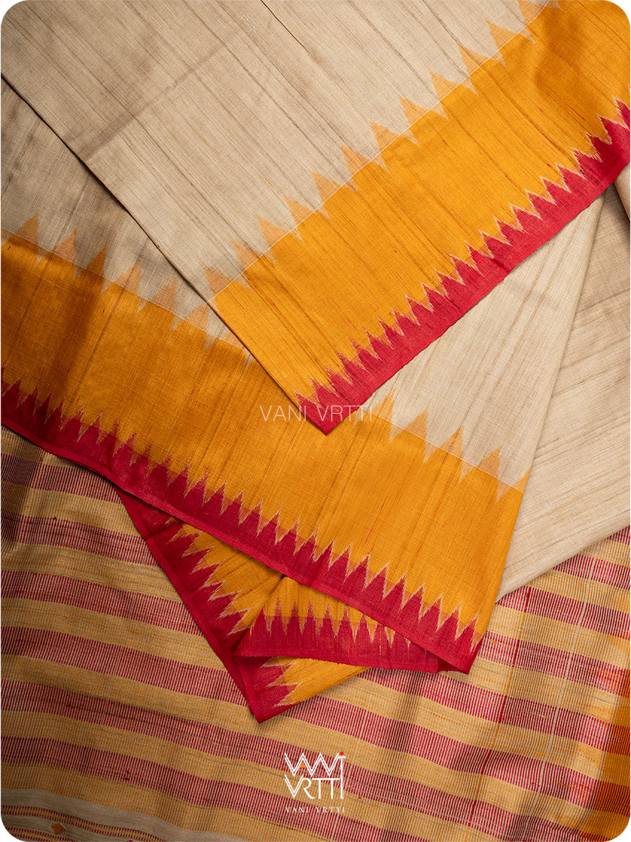 Off White Red Orange Sangam Bristi Handspun Tussar Silk Saree