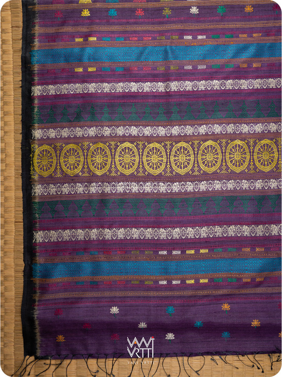 Pallu with handwoven lotus flowers in multiple colors on deep baingani black tussar
