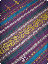 Pallu detail with lotus flowers handwoven in multiple colors on deep baingani tussar