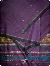 Border of Airavata elephant motifs in deep baingani black tussar silk