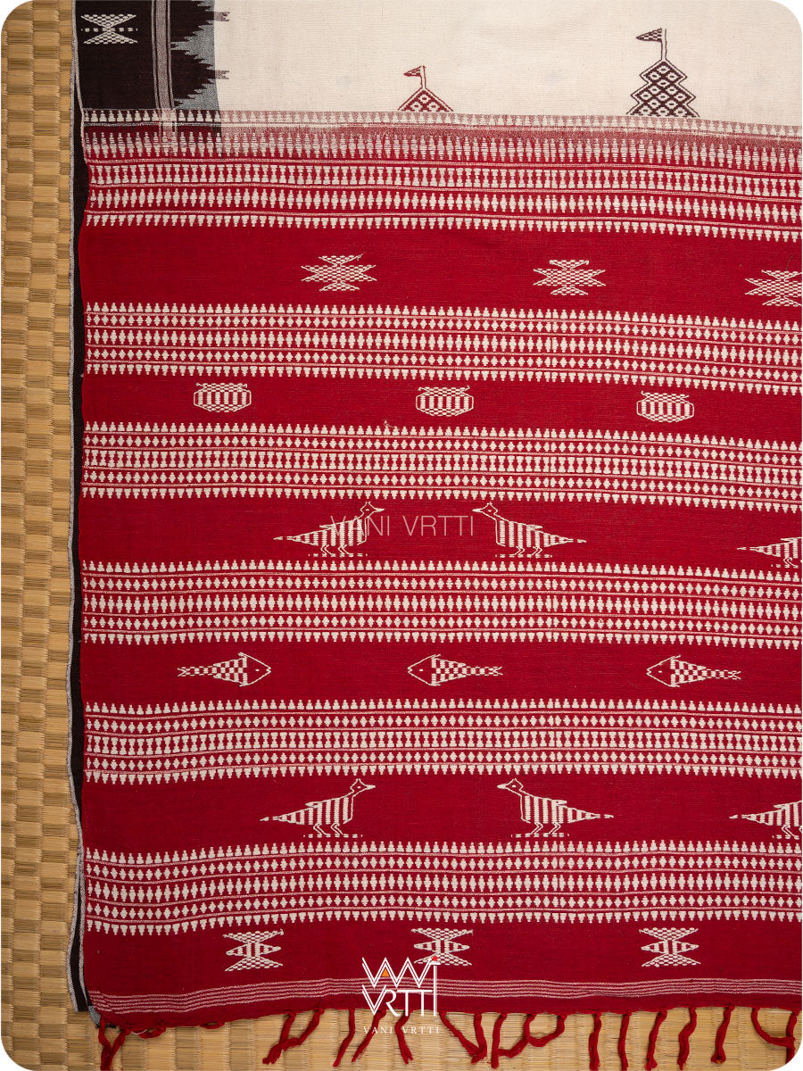 Off White Madder Red Bird Tribal Master Weave Kotpad Sari