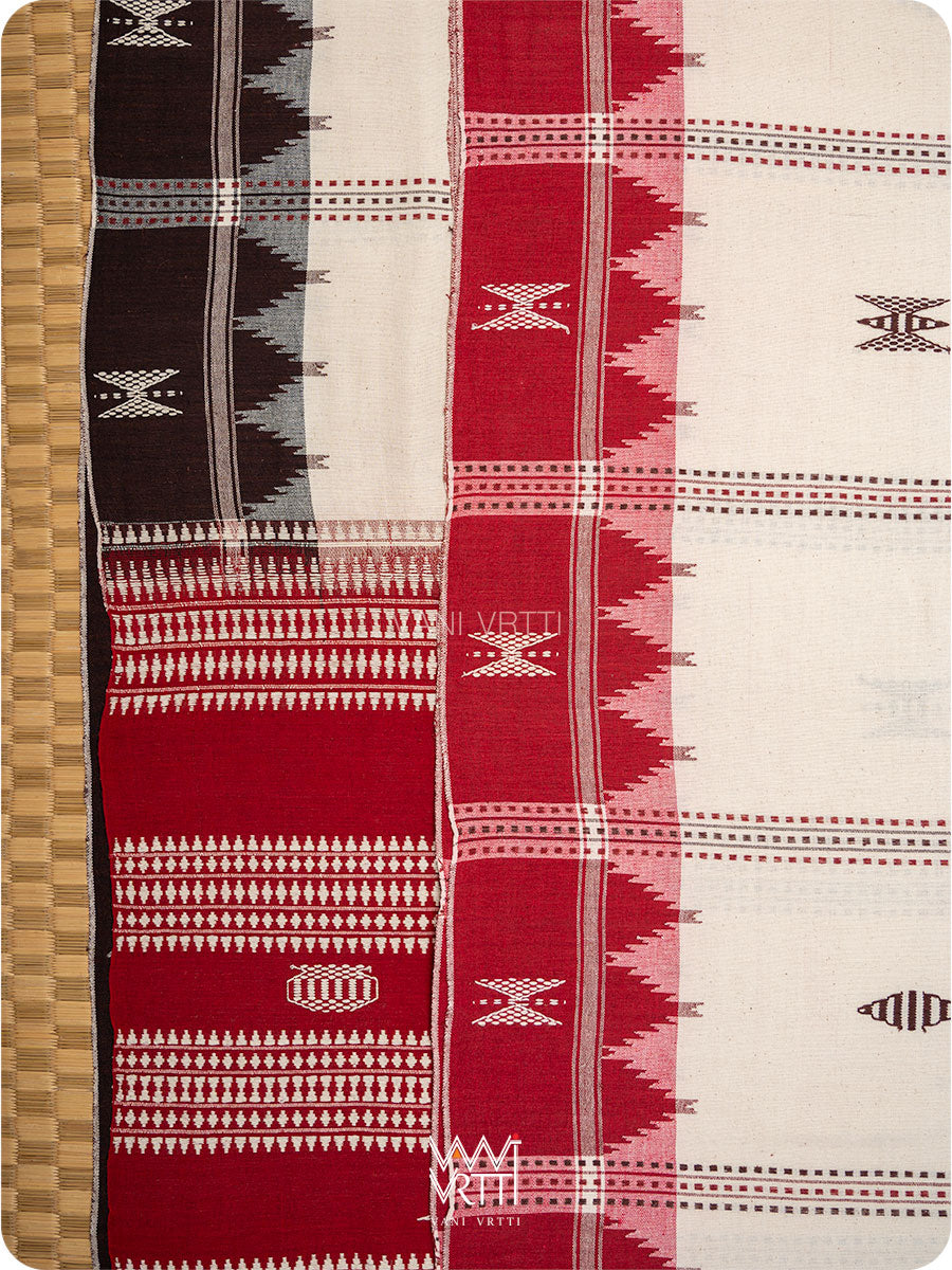 Off White Madder Red Bird Tribal Master Weave Kotpad Sari