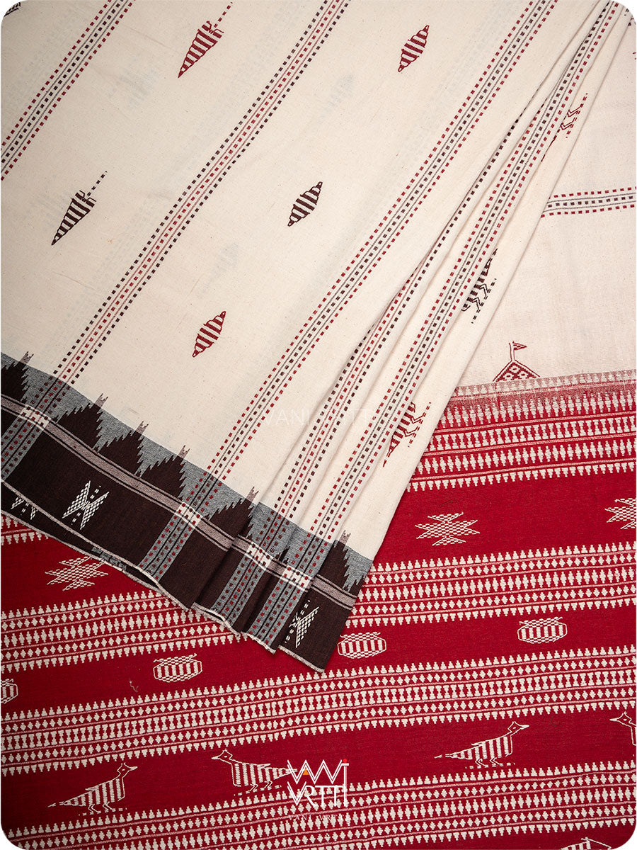 Off White Madder Red Bird Tribal Master Weave Kotpad Sari
