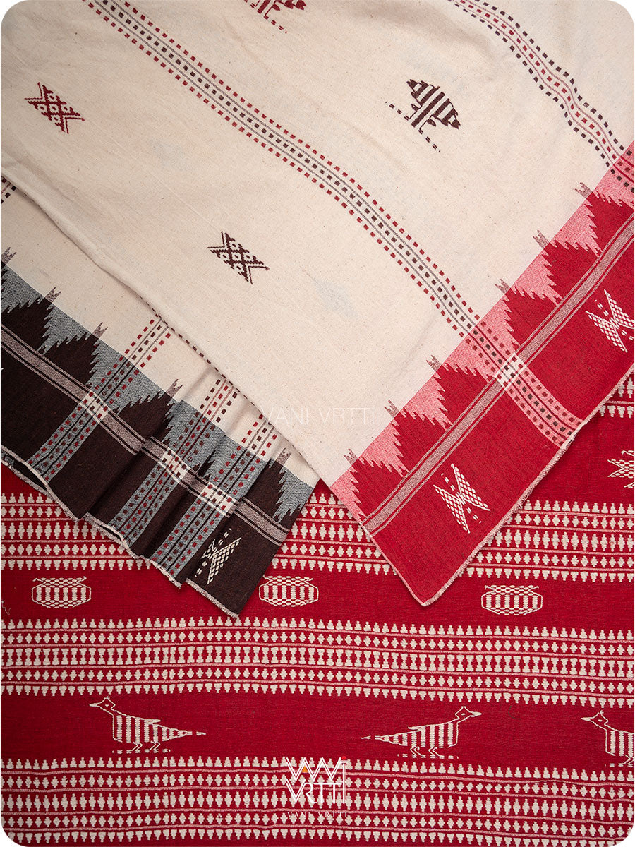 Off White Madder Red Bird Tribal Master Weave Kotpad Sari
