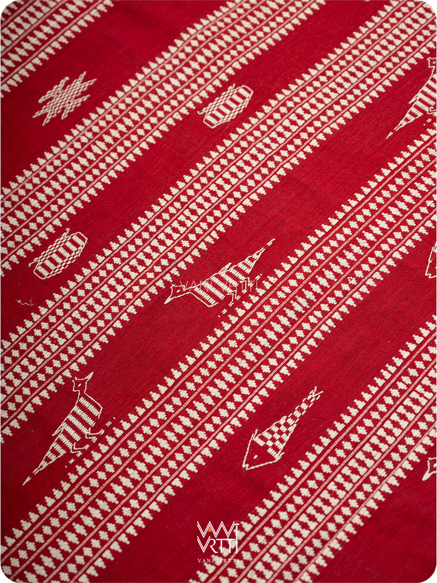 Off White Madder Red Bird Tribal Master Weave Kotpad Sari