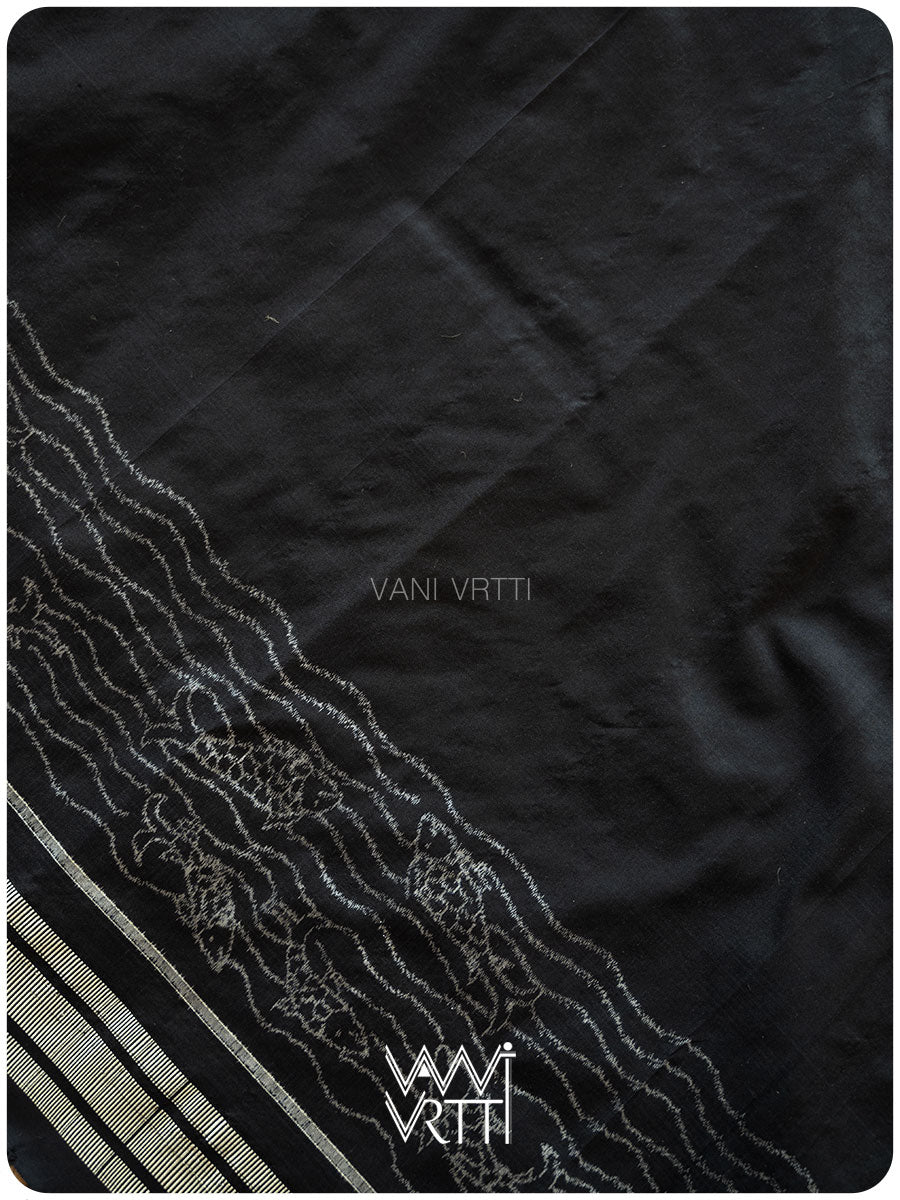 Black Lotus Pond Designer Pure Mulberry Silk Ikat Saree