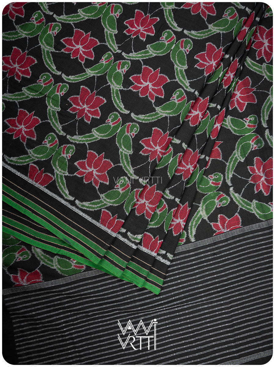 Black Lotus Parrot Fine Cotton Ikat Saree