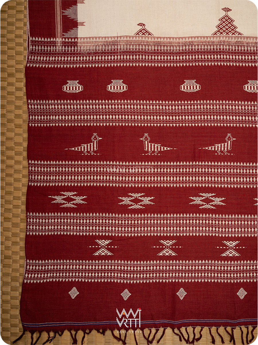 White Madder Maroon Masterweave Bird Cotton Kotpad Sari