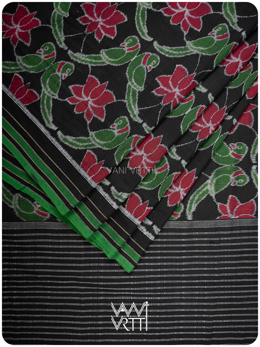 Black Lotus Parrot Fine Cotton Ikat Saree