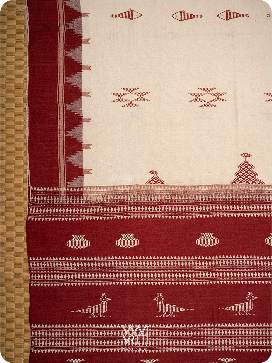 White Madder Maroon Masterweave Bird Cotton Kotpad Sari