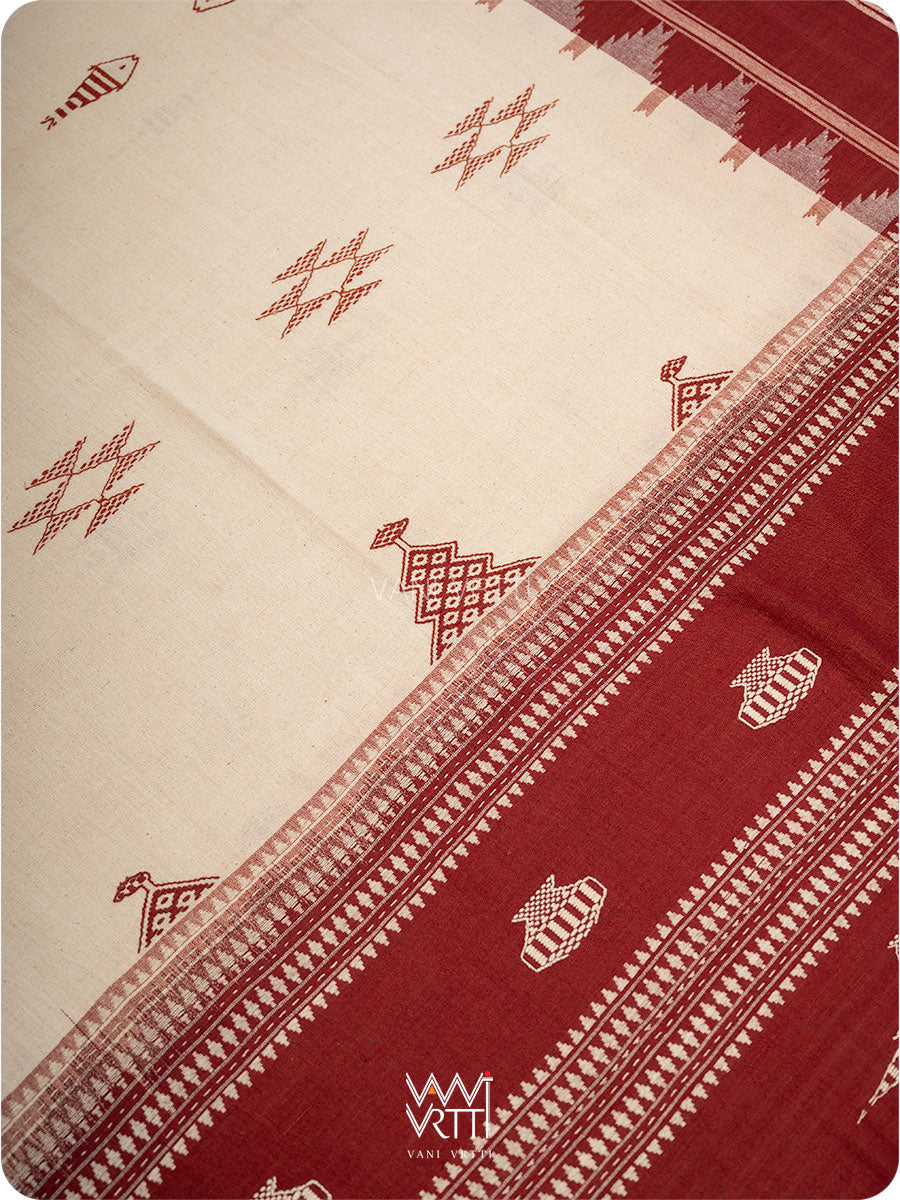 White Madder Maroon Masterweave Bird Cotton Kotpad Sari