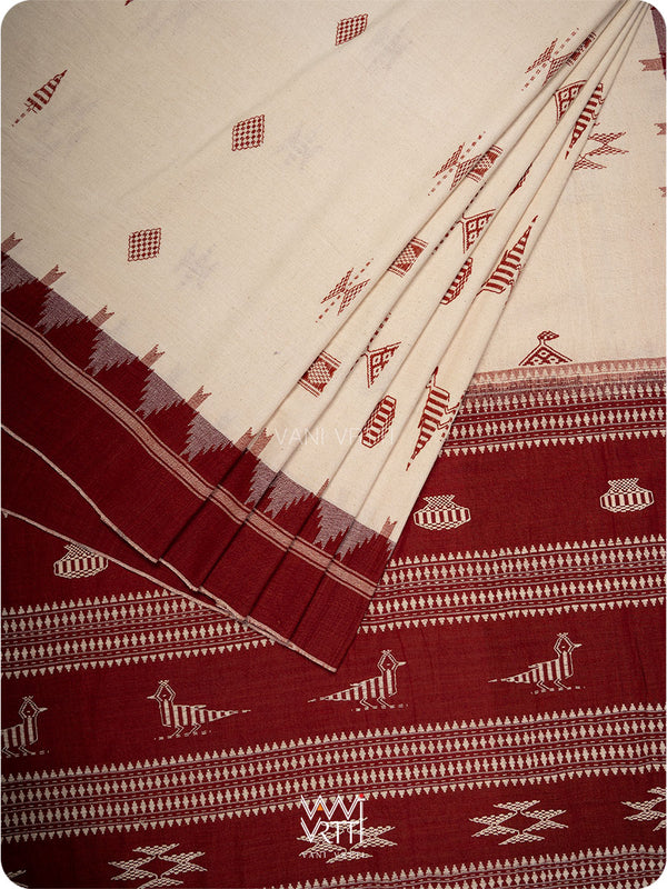 White Madder Maroon Masterweave Bird Cotton Kotpad Sari