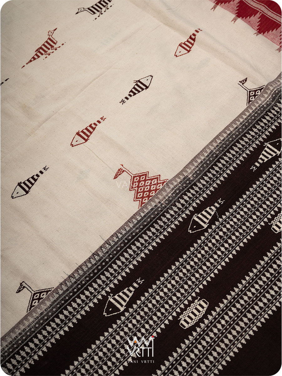 White Black Madder Maroon Bird Masterweave Cotton Kotpad Sari