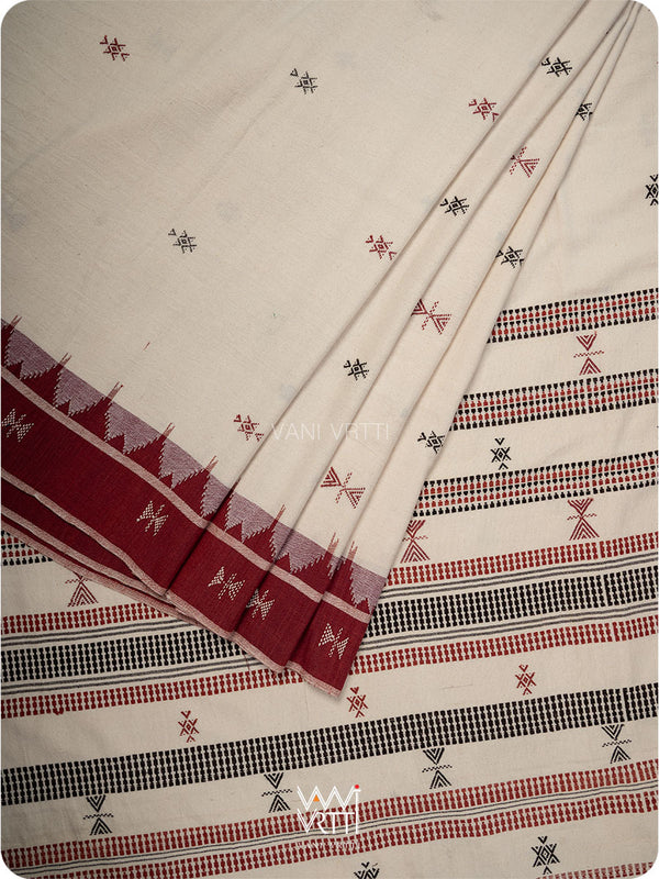 Off White Madder Maroon Small Border Tribal Butti Cotton Kotpad Sari