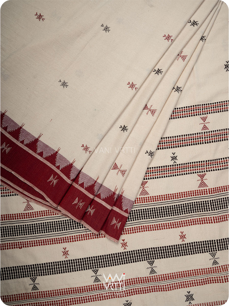 Off White Madder Maroon Small Border Tribal Butti Cotton Kotpad