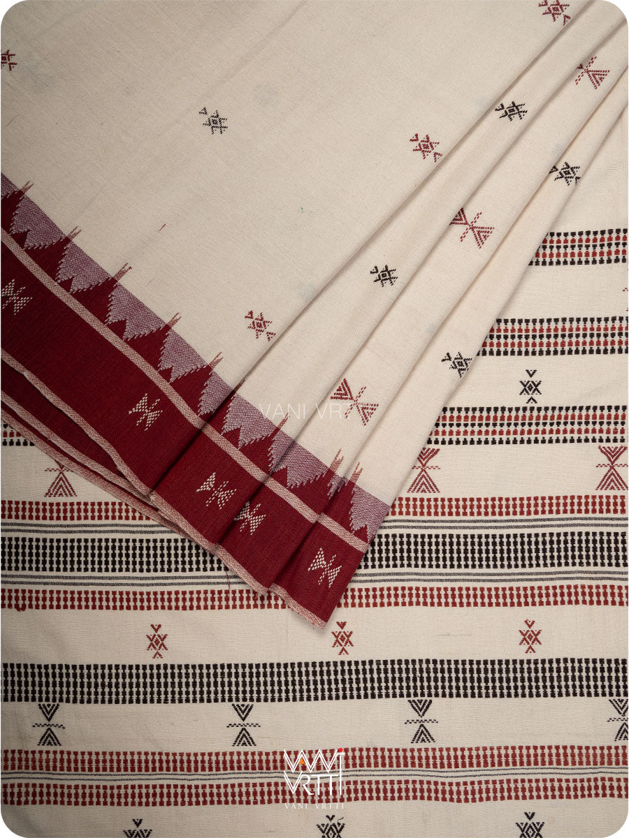 Off White Madder Maroon Small Border Tribal Butti Cotton Kotpad